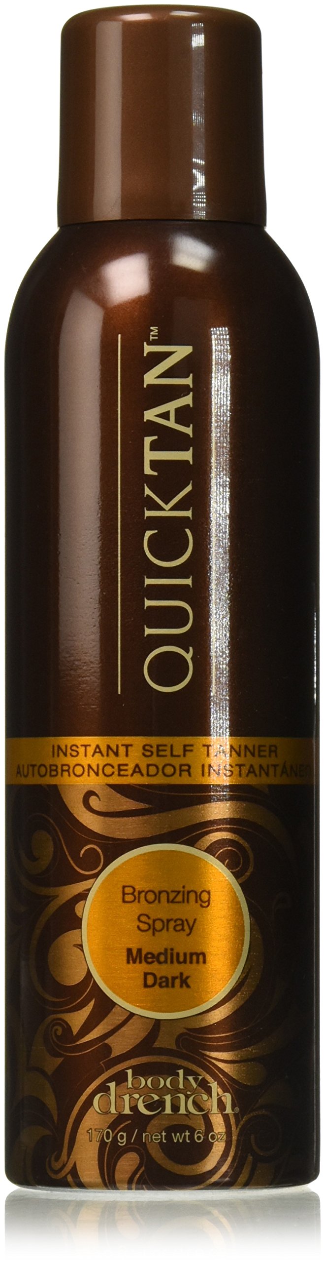 Body Drench Quick Tan, bouteille spray, offre une teinte uniforme et instantanée.
