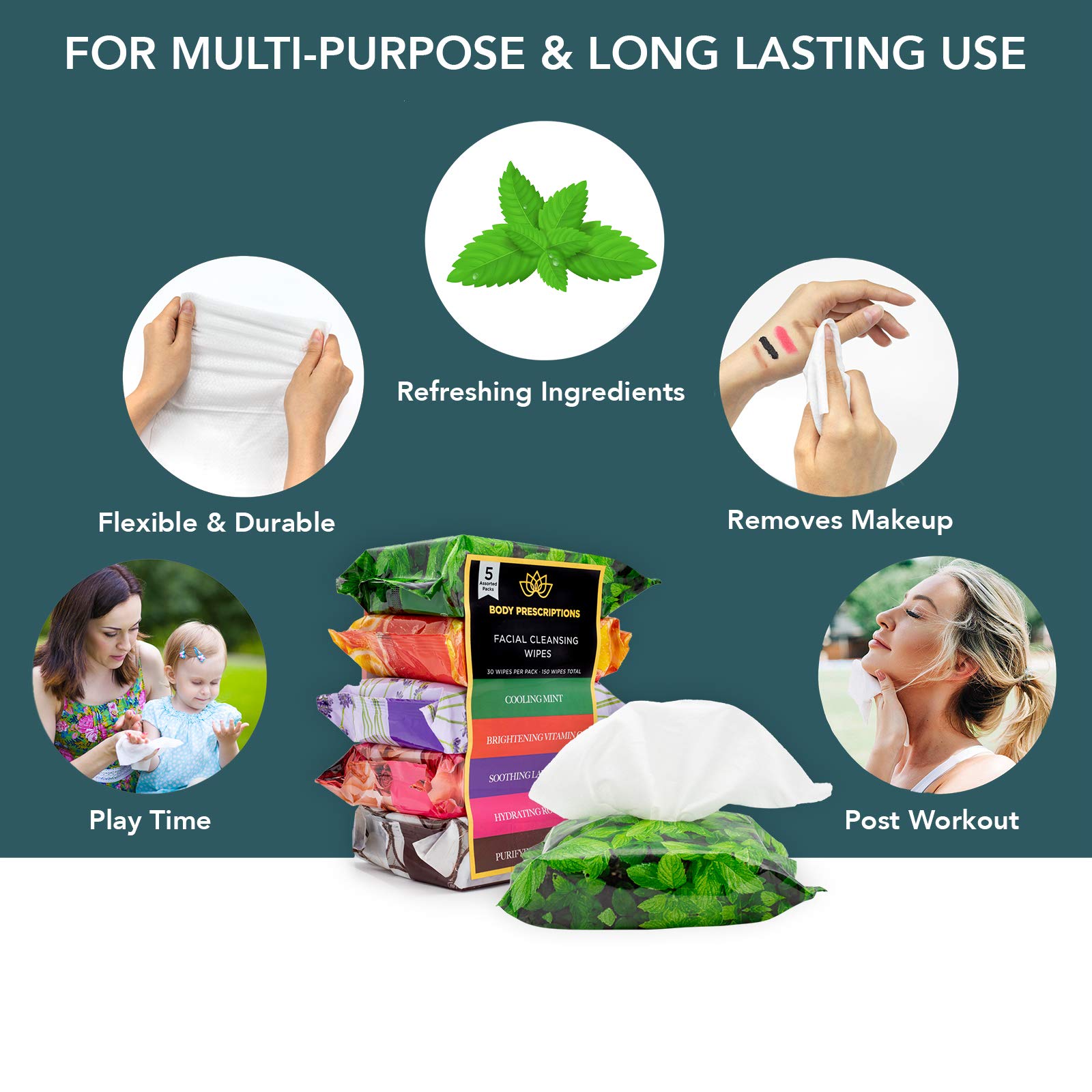 Body Prescriptions toallitas desmaquillantes, textura suave para uso diario.