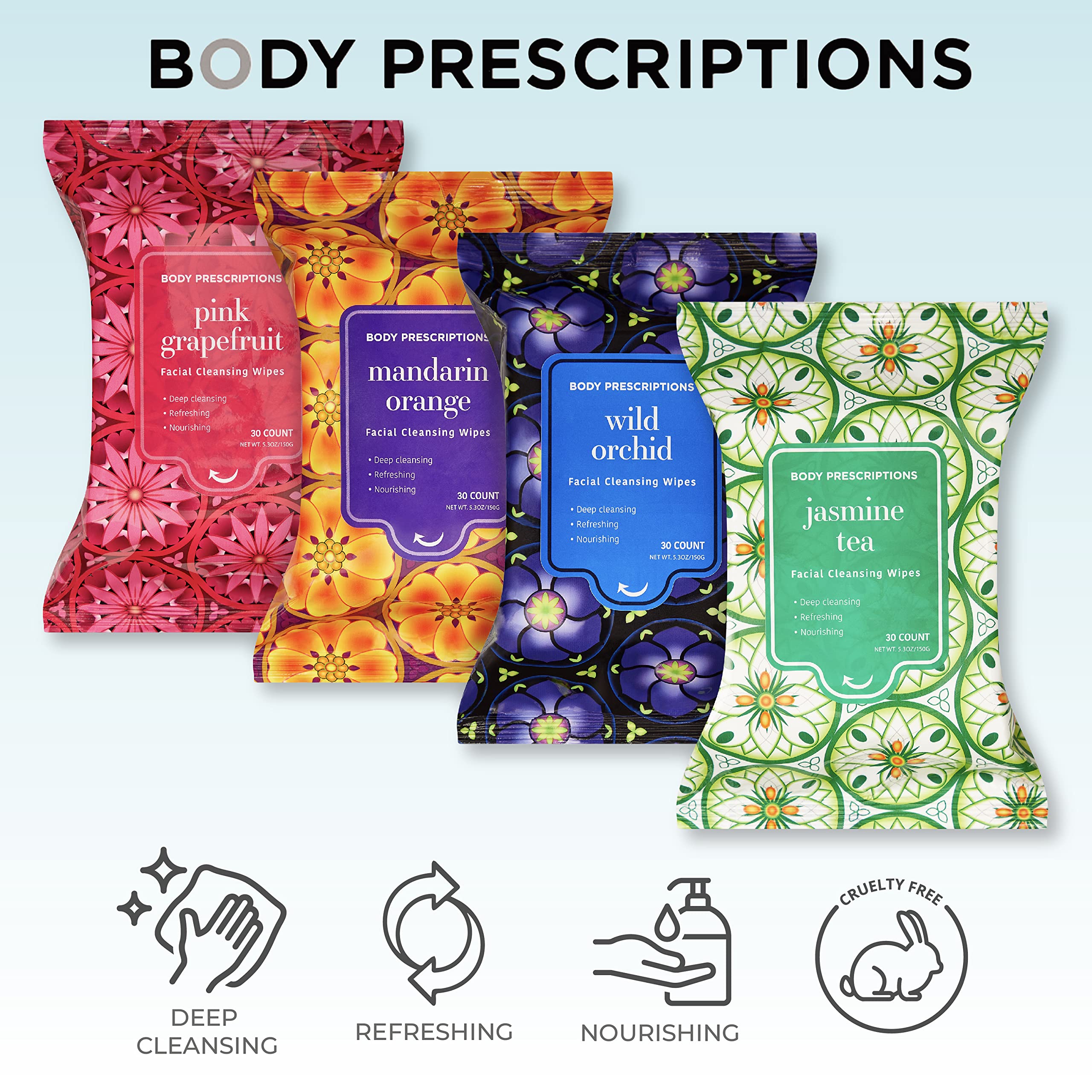 Body Prescriptions Empaque Viaje: 30 toallitas, compacto y práctico para llevar.
