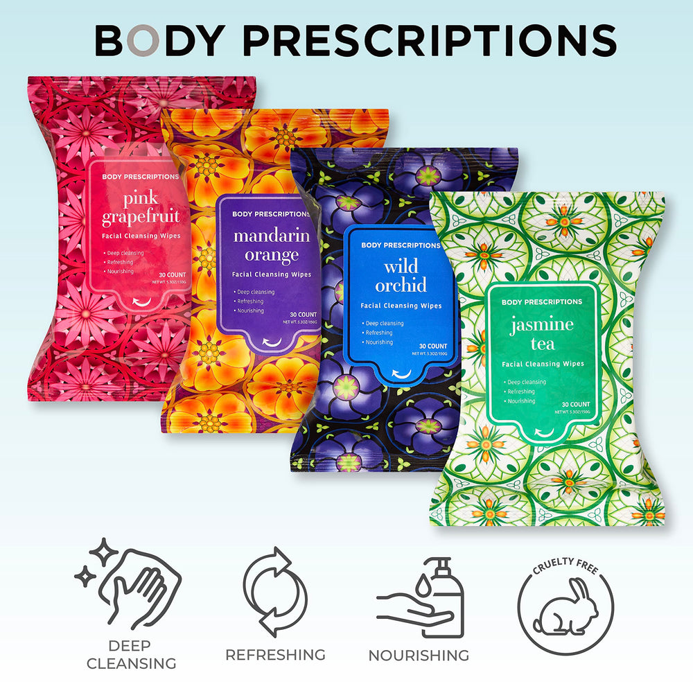 Body Prescriptions Empaque Viaje: 30 toallitas, compacto y práctico para llevar.