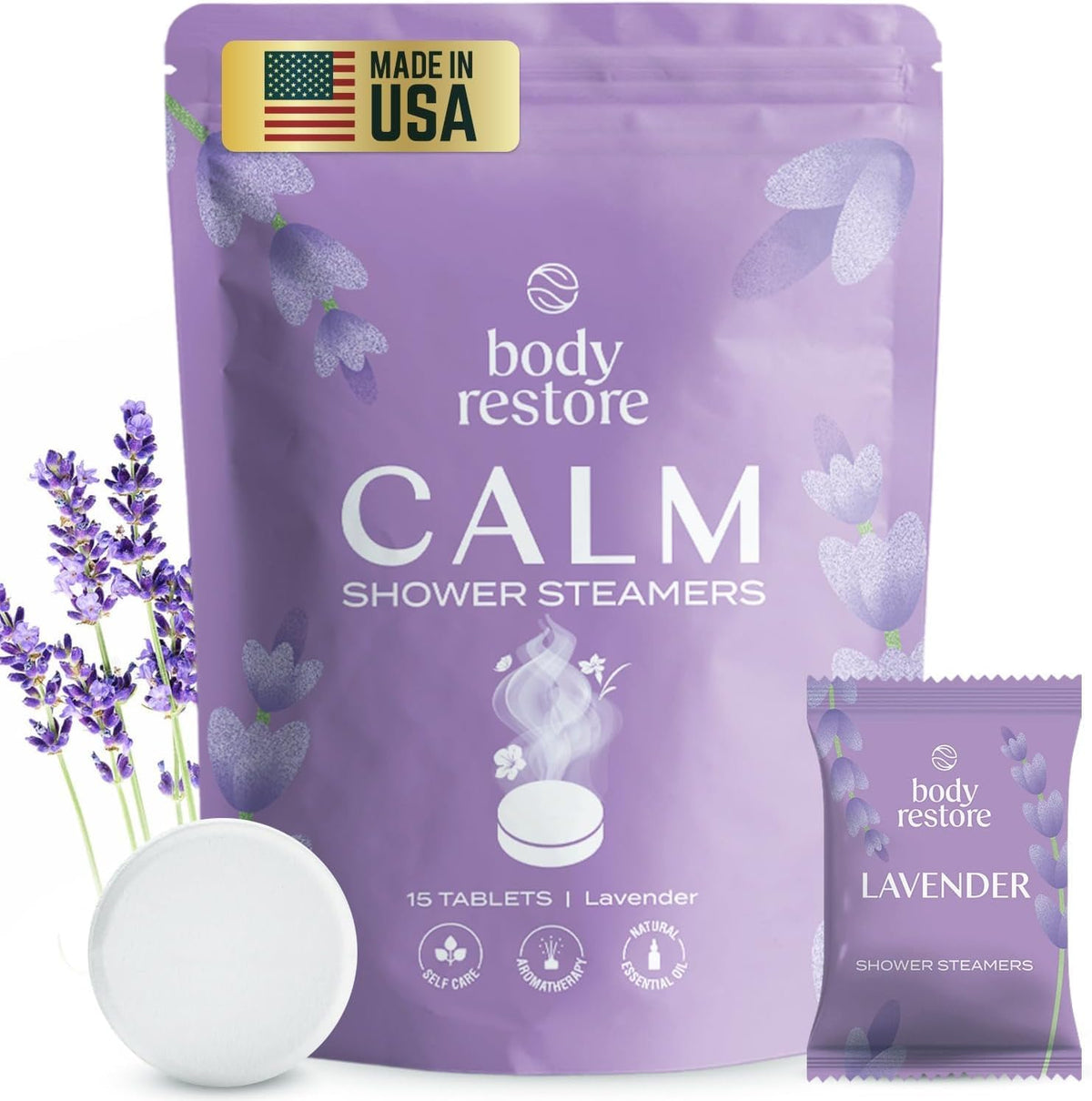 Body Restore bombas ducha aromaterapia lavanda, ideal para relajación durante la ducha.