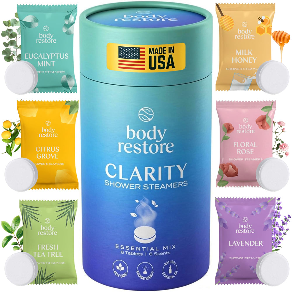 Bombas de ducha aromáticas Body Restore Clarity Grove, pack de seis para relajación diaria.