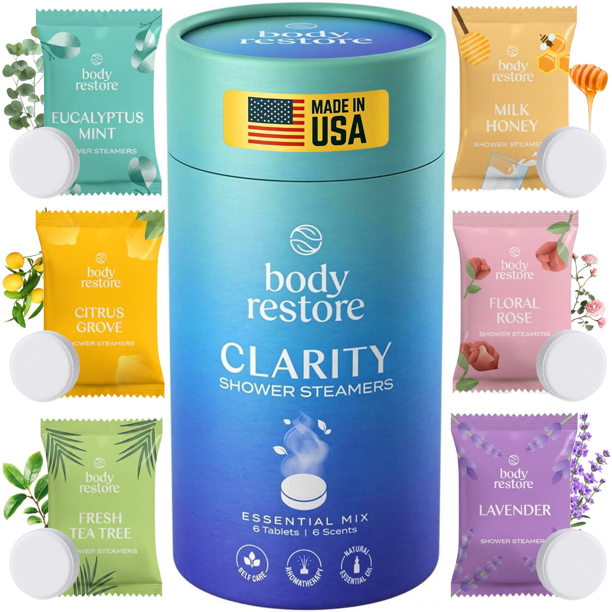 Bombas de ducha aromáticas Body Restore Clarity Grove, pack de seis para relajación diaria.