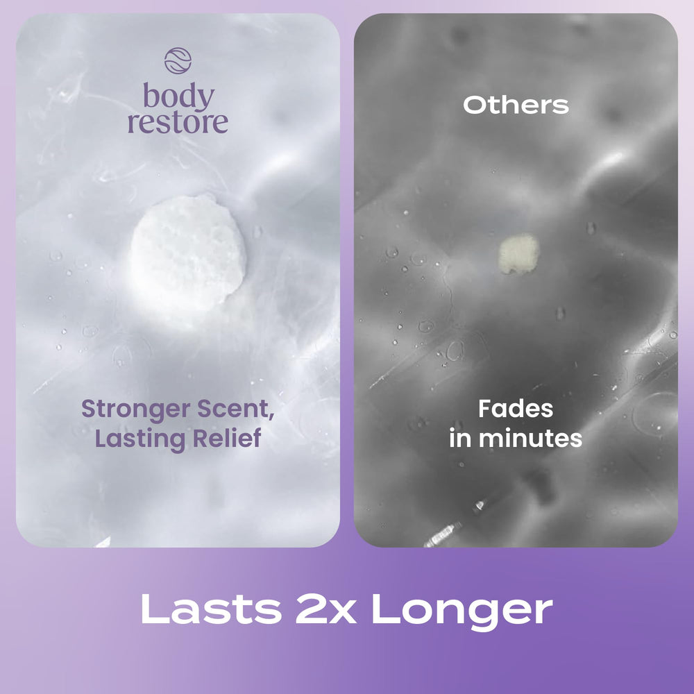 Body Restore bombas ducha lavanda, perfecto para viajes y duchas rápidas.
