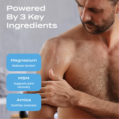 Body Restore locion magnesio con arnica MSM se aplica en el hombro para alivio cómodo.