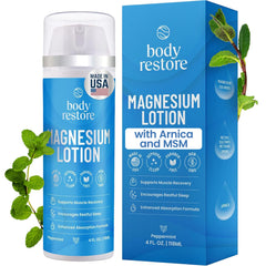 Body Restore locion magnesio con arnica MSM en botella mentolada para uso diario relajante.