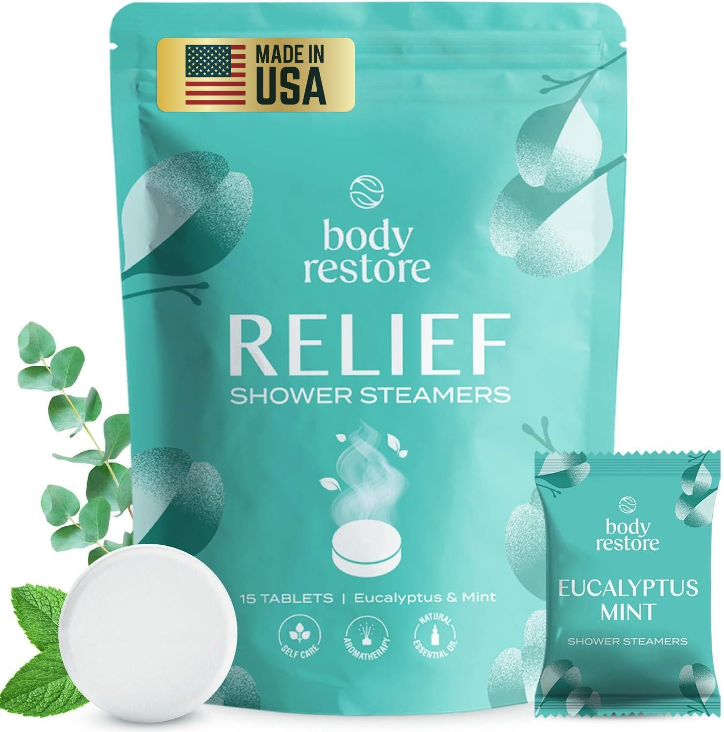 Body Restore pastillas aromáticas para ducha con aroma a eucalipto, ideal para relajación diaria.