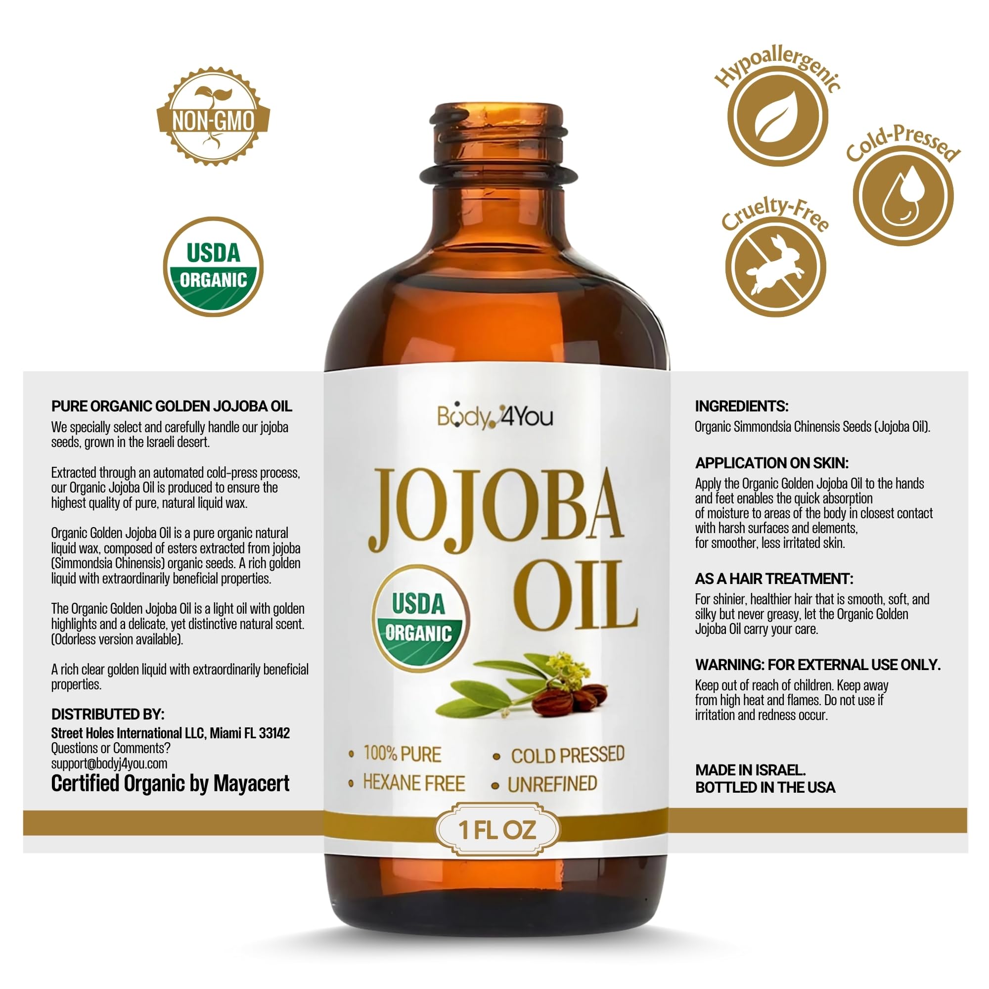 BodyJ4You Aceite de Jojoba, cuidado cosmético diario para piel y cabello.