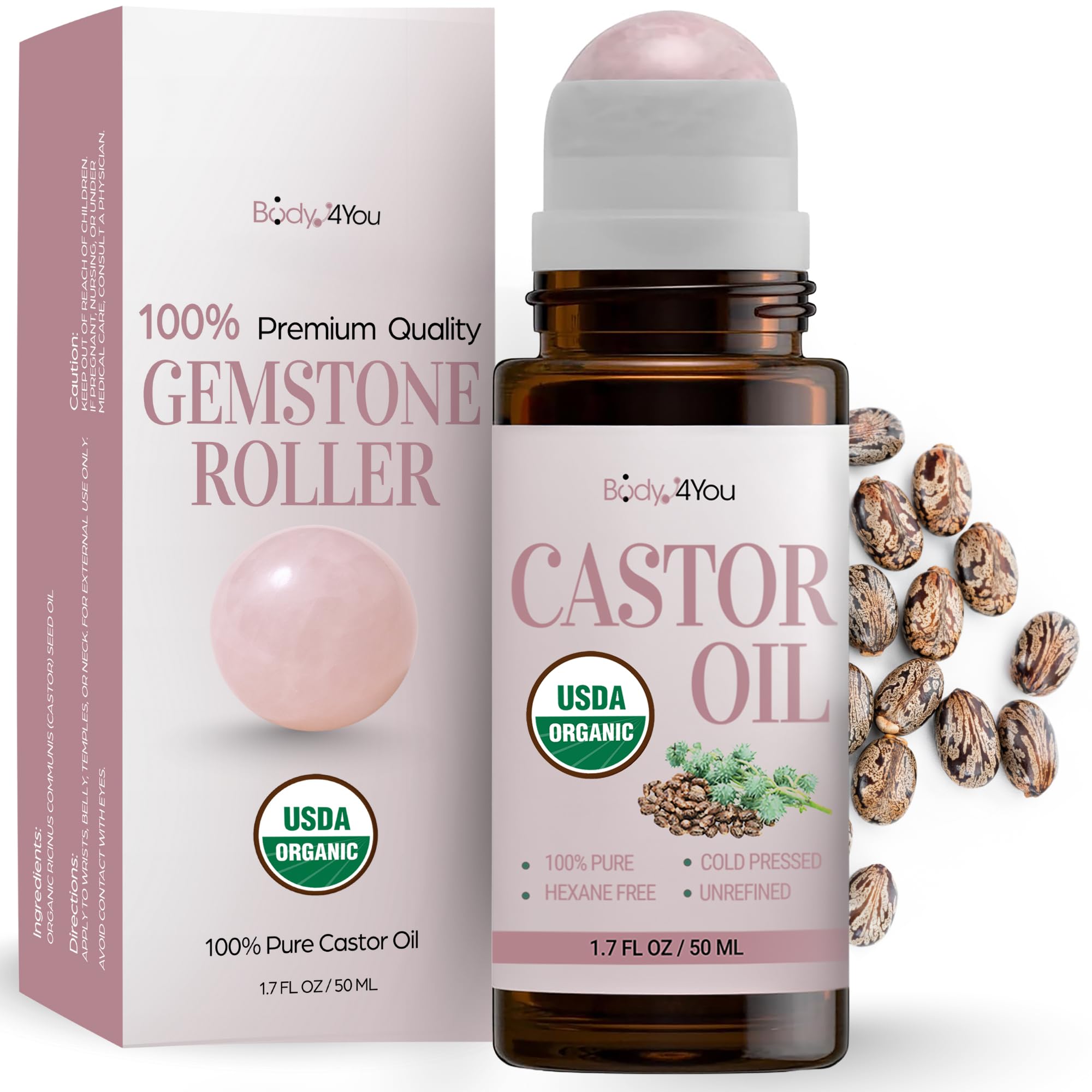 BodyJ4You Aceite de Ricino Roll-On, frasco ámbar, para hidratación suave de la piel.