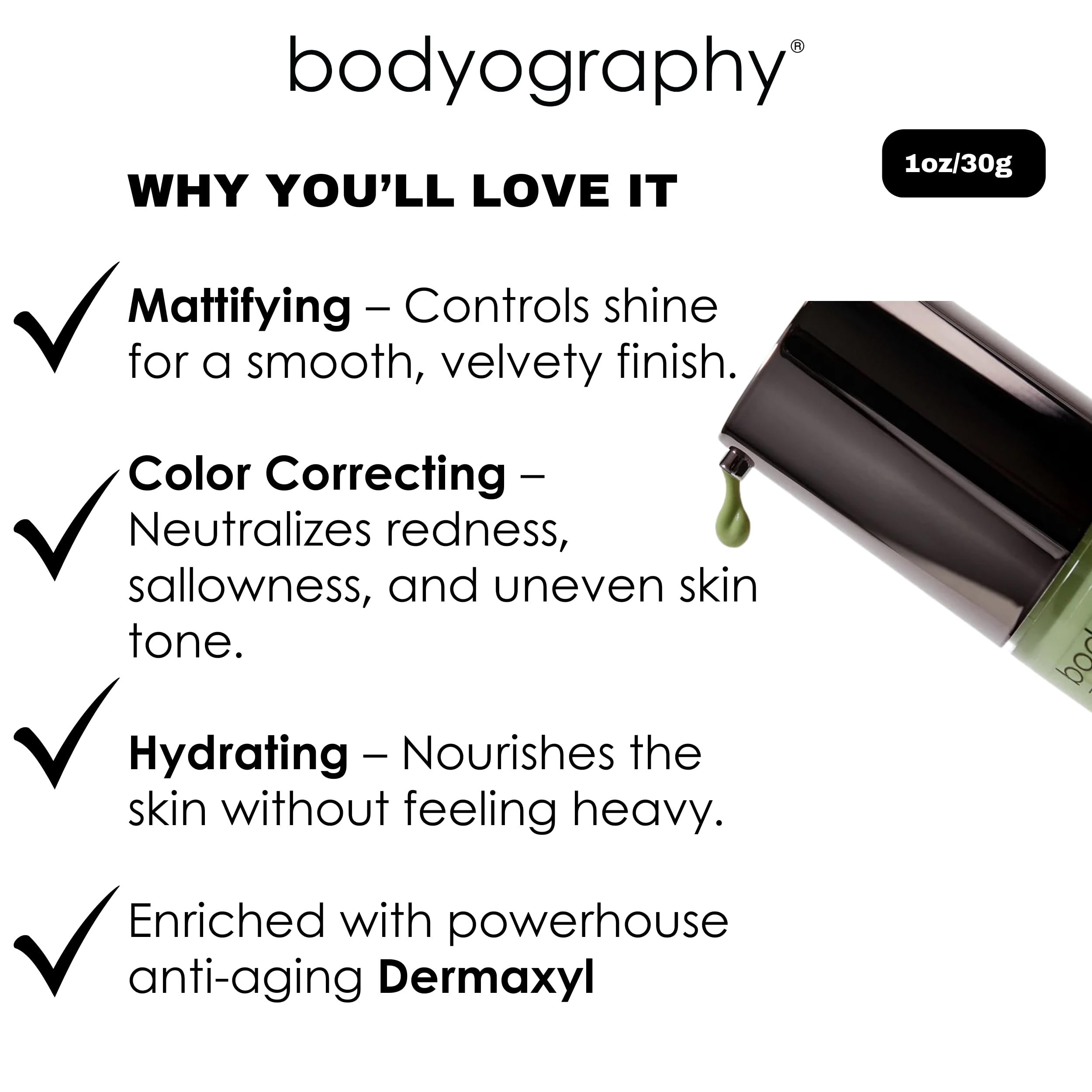 Bodyography primer verde, libre de parabenos y gluten para piel delicada.