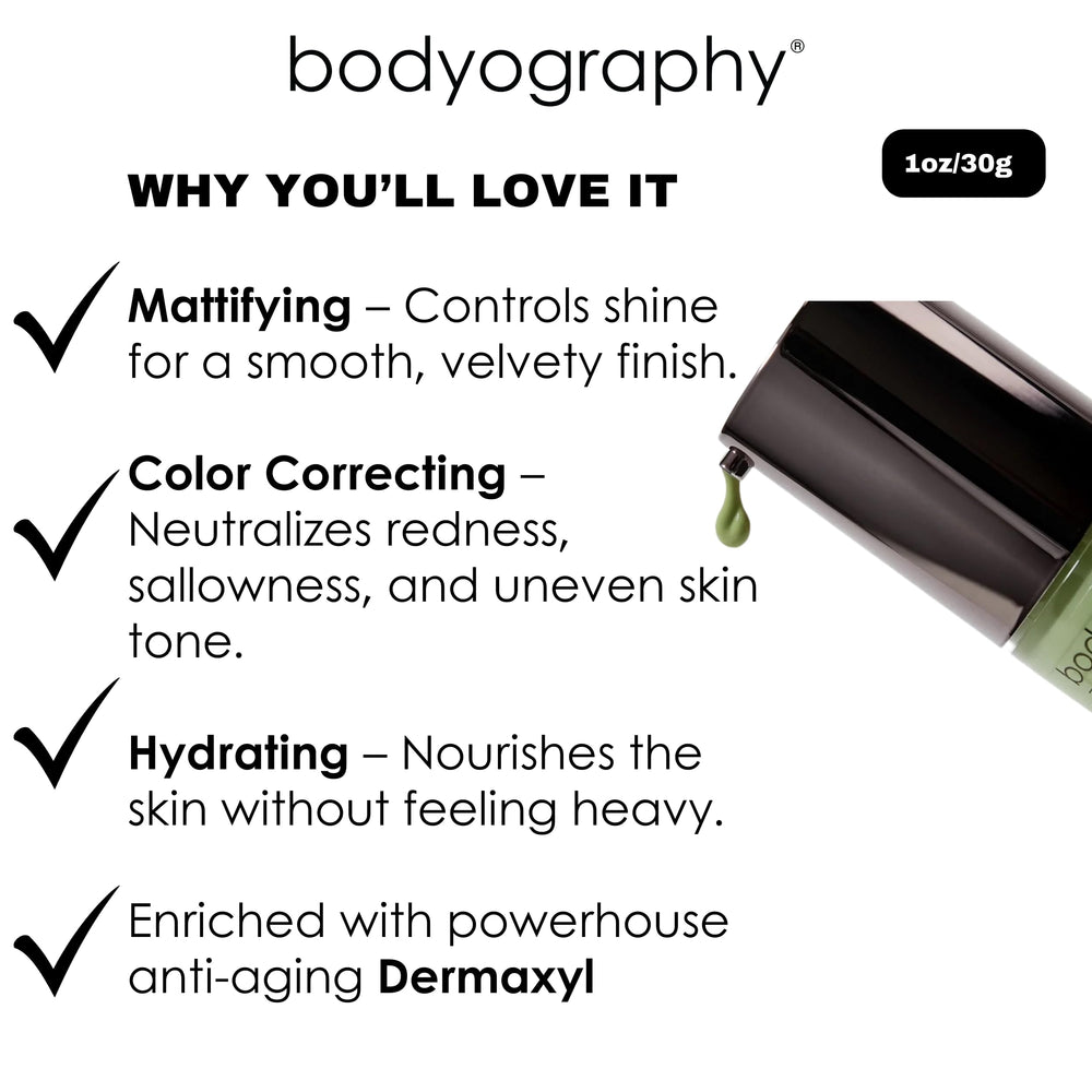 Bodyography primer verde, libre de parabenos y gluten para piel delicada.