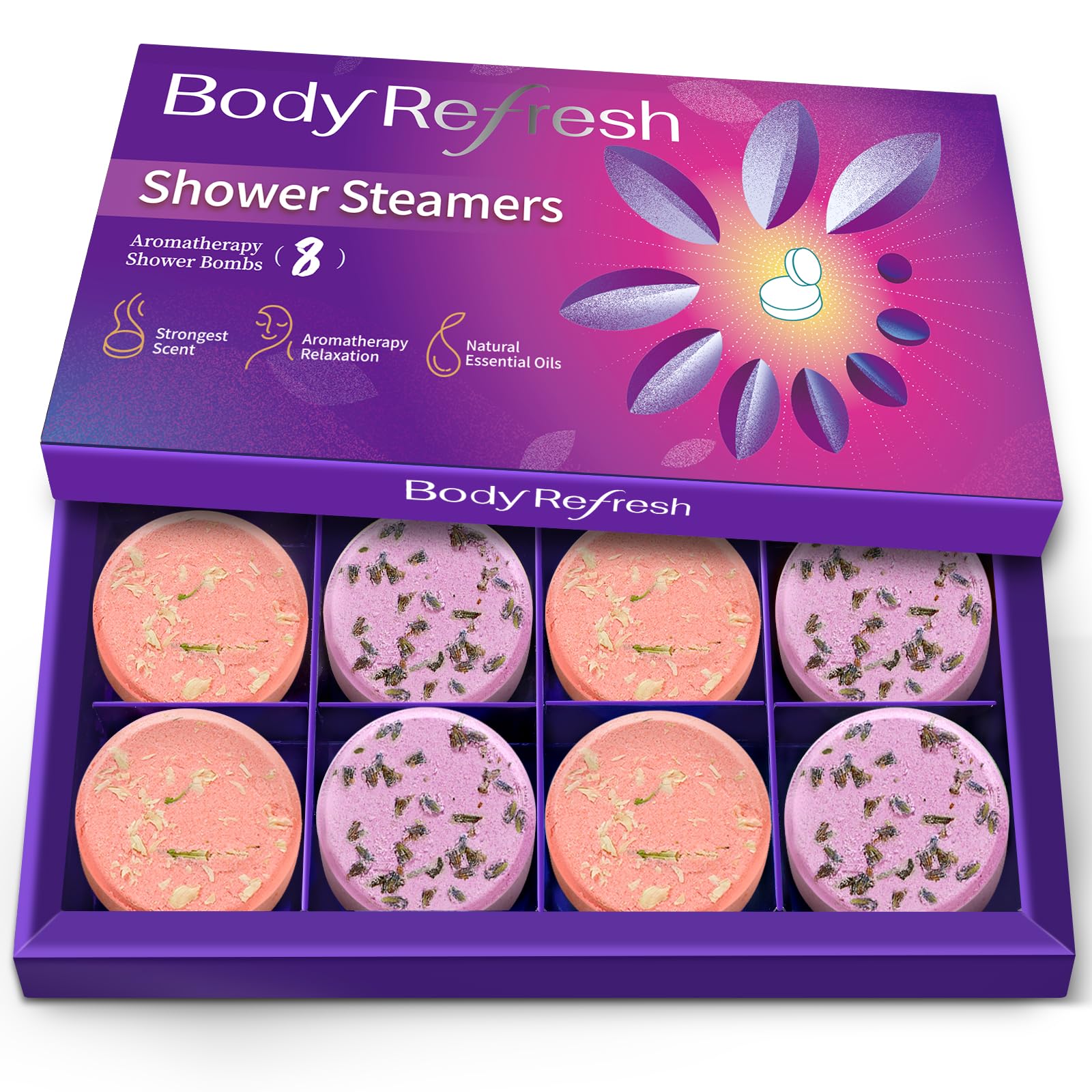 BodyRefresh bombes-douche aromathérapie lavande et pétales naturels, détente spa à domicile.