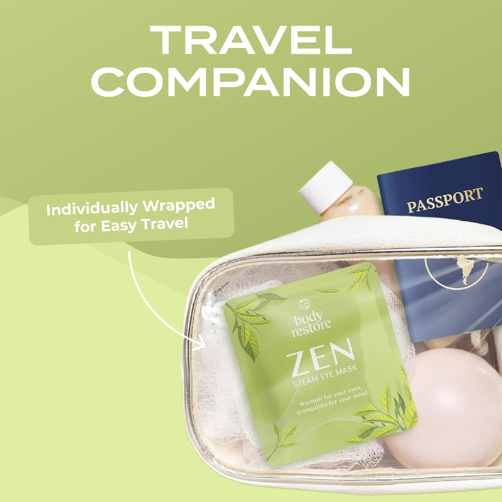 Body Restore mascarilla ocular caliente con diseño ergonómico para uso cómodo en casa o viaje.