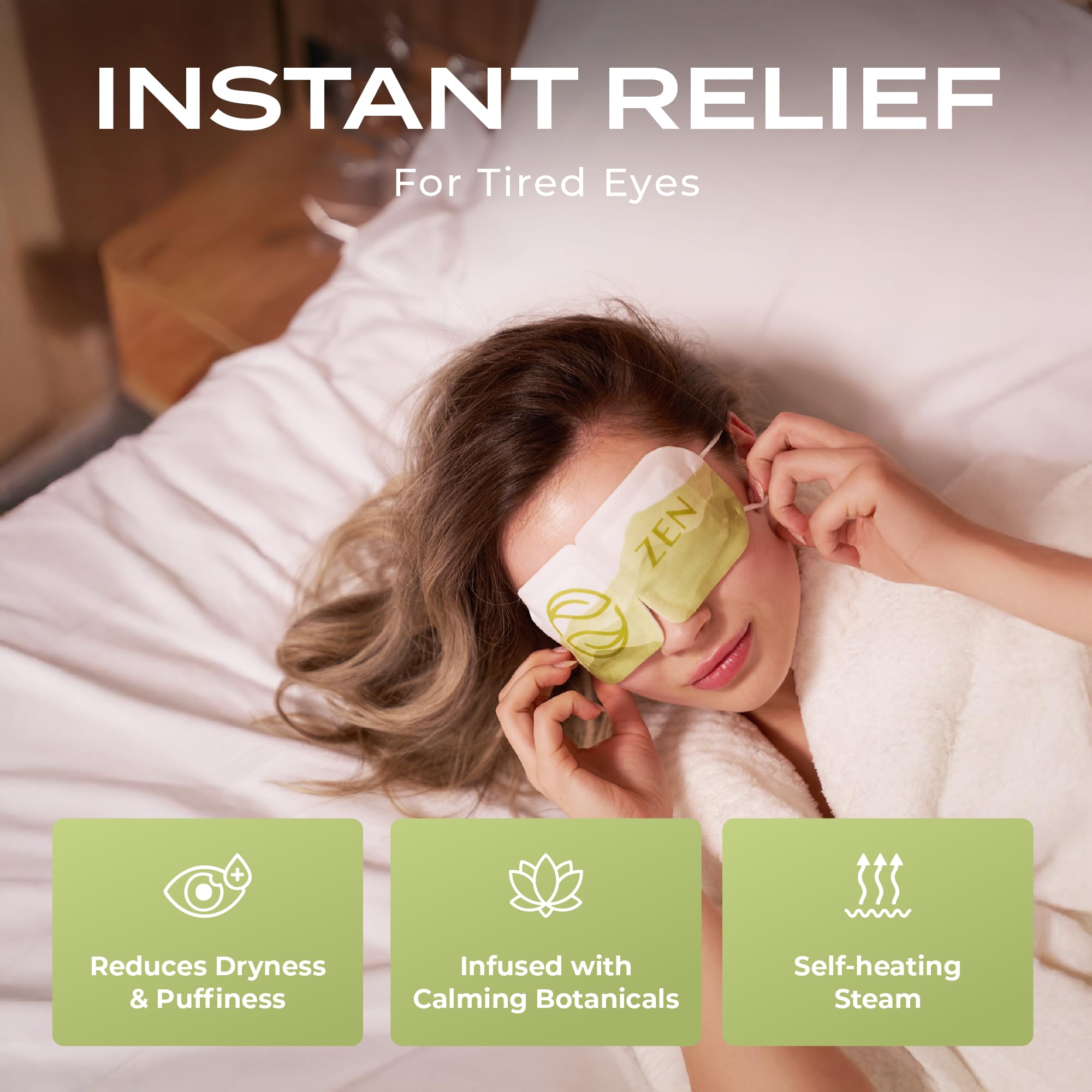 Body Restore mascarilla ocular caliente té verde para frescura y alivio del estrés ocular.