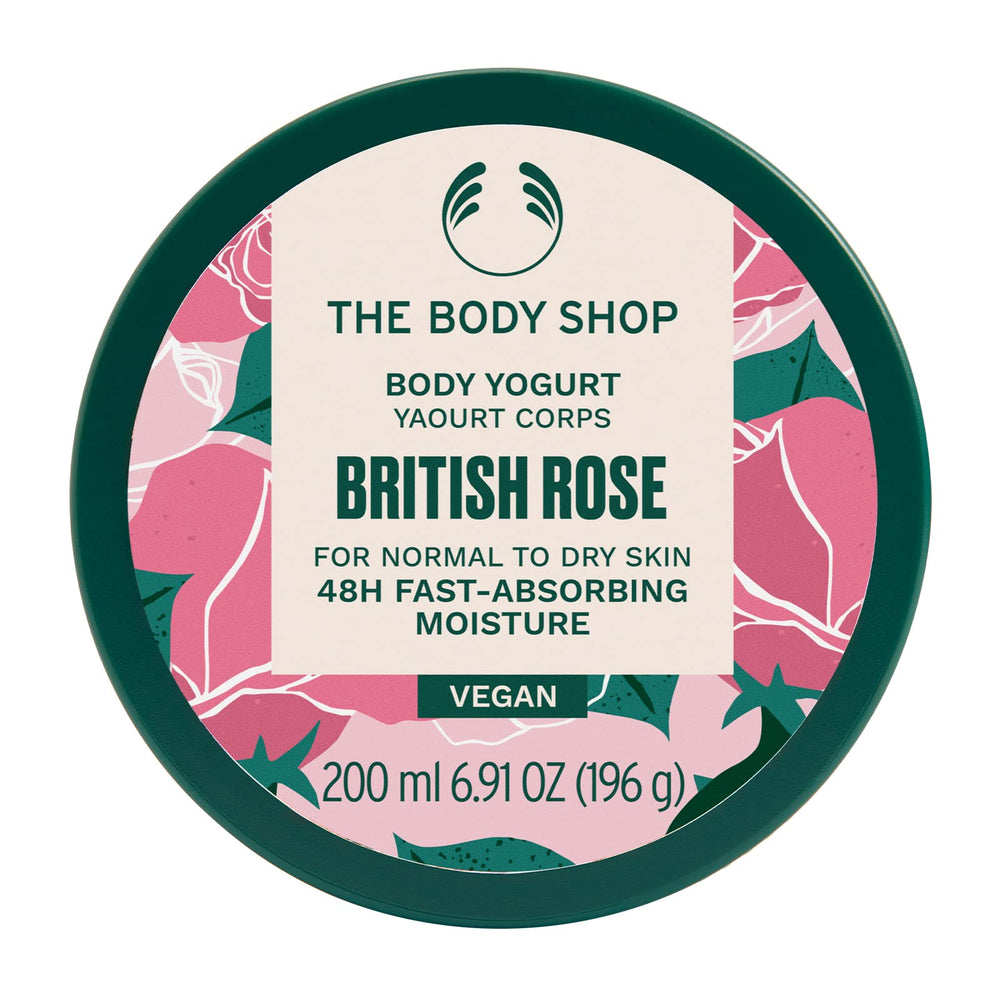The Body Shop British Rose Yogur Corporal se aplica rápidamente tras la ducha para hidratación inmediata.