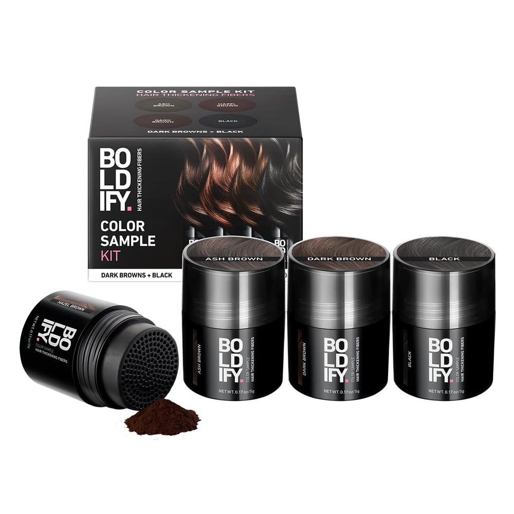 Kit Boldify Fibras para Cabello: muestra la selección de tonos para igualar raíces.
