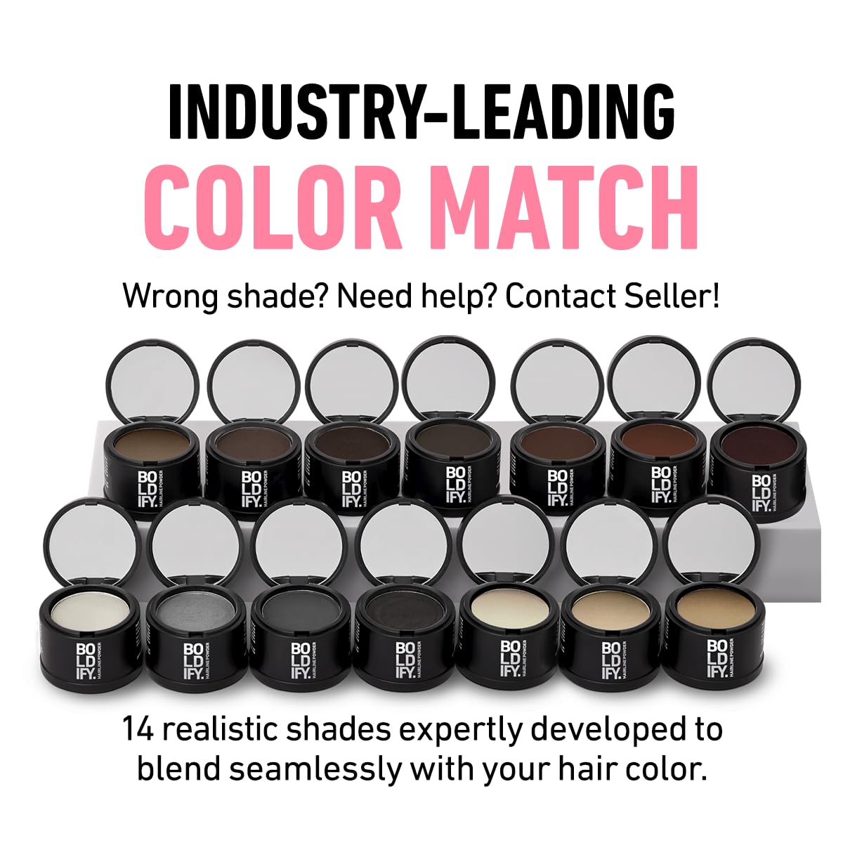 Boldify Hairline Powder oculta calvicie con acabado natural.