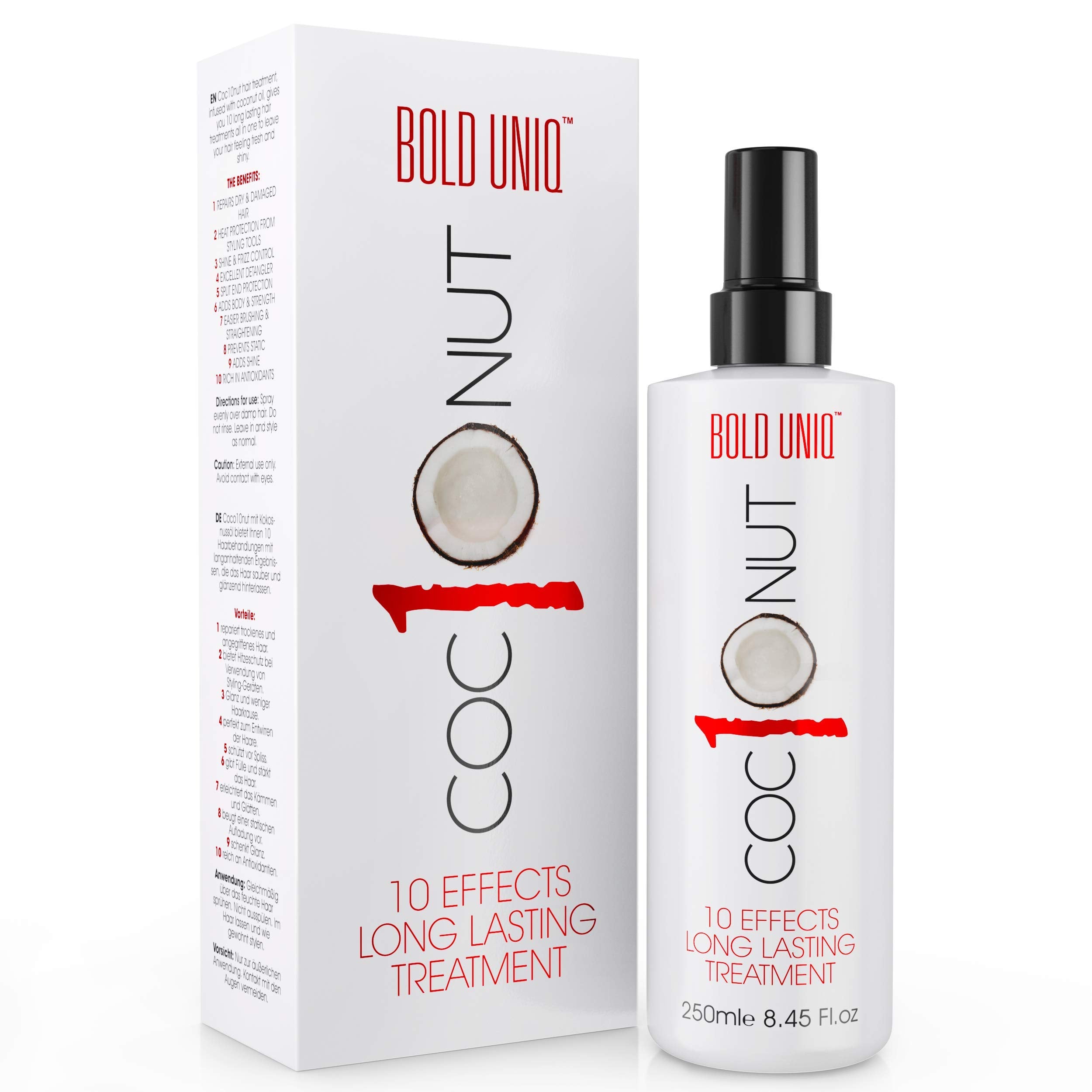 Spray protector térmico de coco de Bold Uniq sobre la botella, protección del calor y brillo.