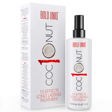 Spray protector térmico de coco de Bold Uniq sobre la botella, protección del calor y brillo.
