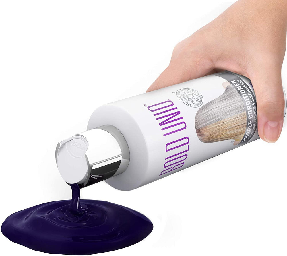 BOLD UNIQ conditionneur violet, bouteille dos, hydratation pour cheveux colorés.