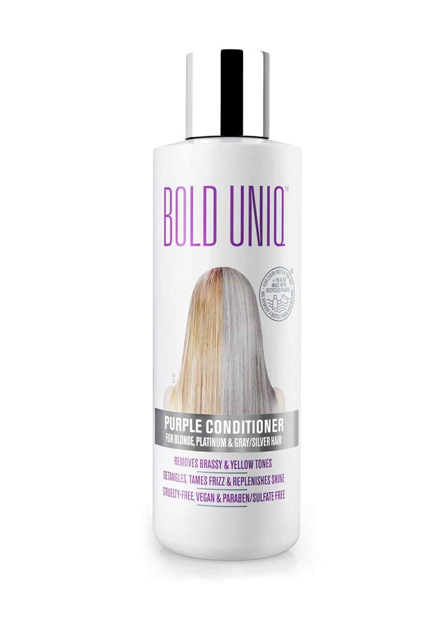 BOLD UNIQ conditionneur violet, bouteille frontale, neutralise les reflets jaunes.
