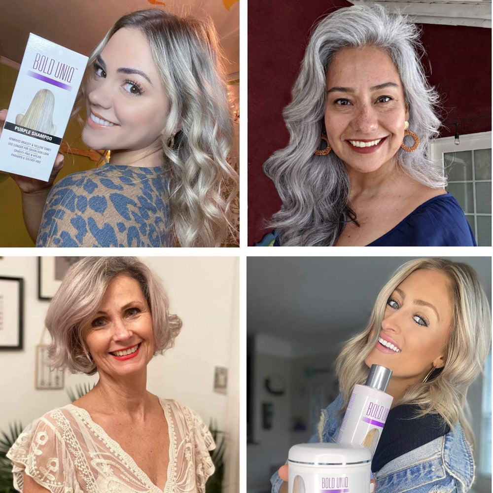 BOLD UNIQ conditionneur violet, cheveux platine brillants et couleur vibrante.