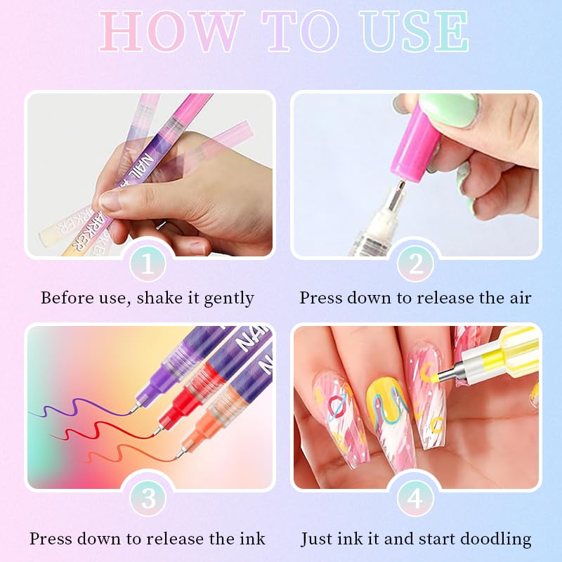 Bolígrafos de arte para uñas 12 colores con acabados duraderos para uso diario.