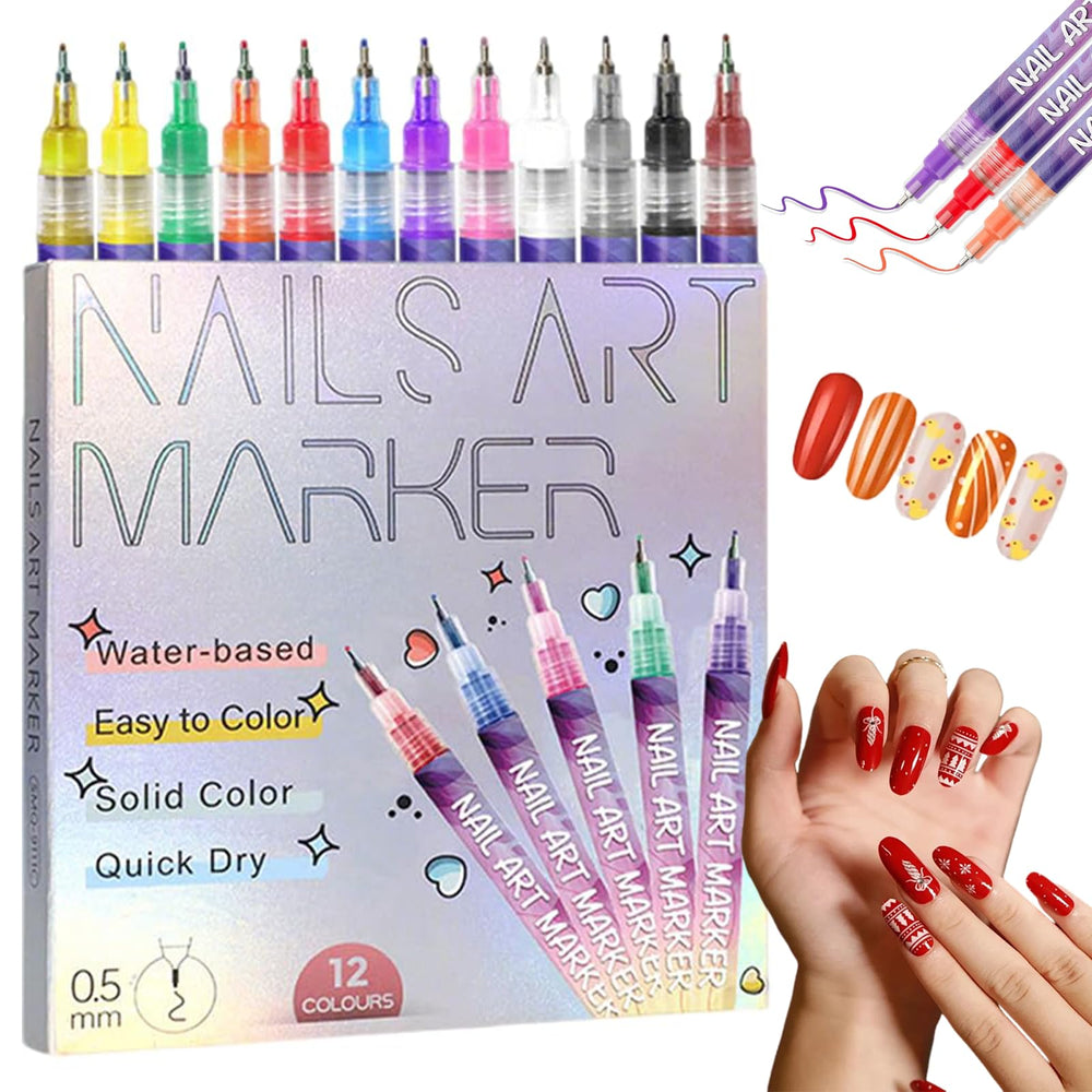 Bolígrafos de arte para uñas 12 colores con punta 0.5 mm para trazos precisos.