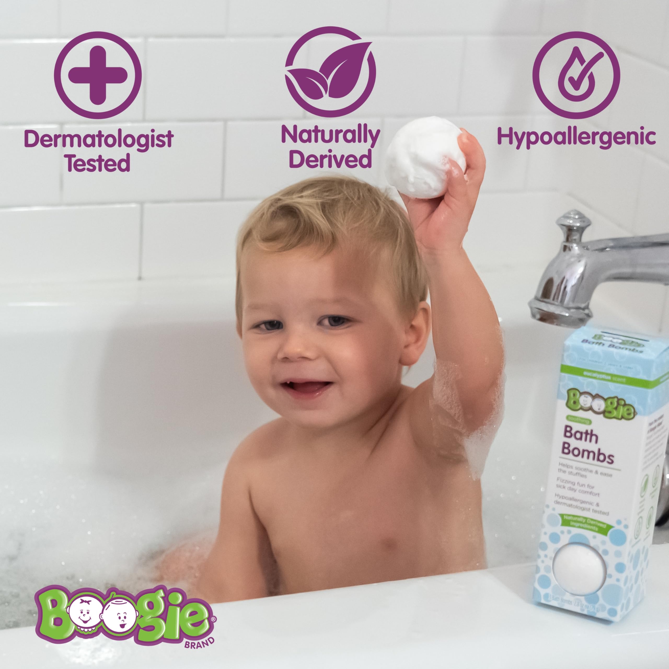 Boogie bolas de baño para niños con aloe y aceites esenciales, fórmula suave para piel sensible.