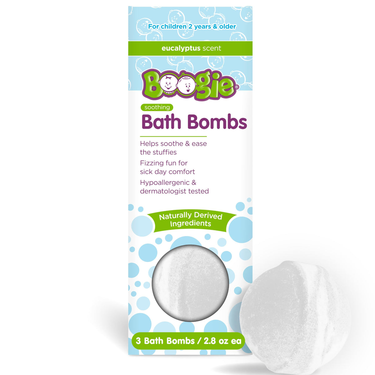 Bolas de baño Boogie para niños en envase, aroma natural para calmar el día.