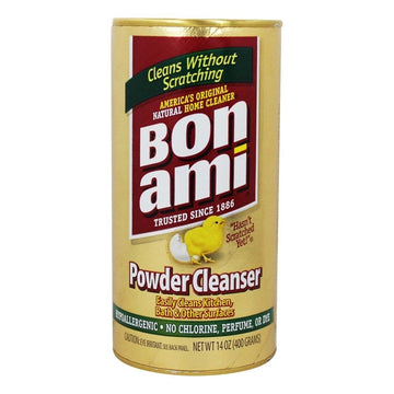 BON AMI polvo limpiador en empaque visible para cocina y baño, fácil de usar