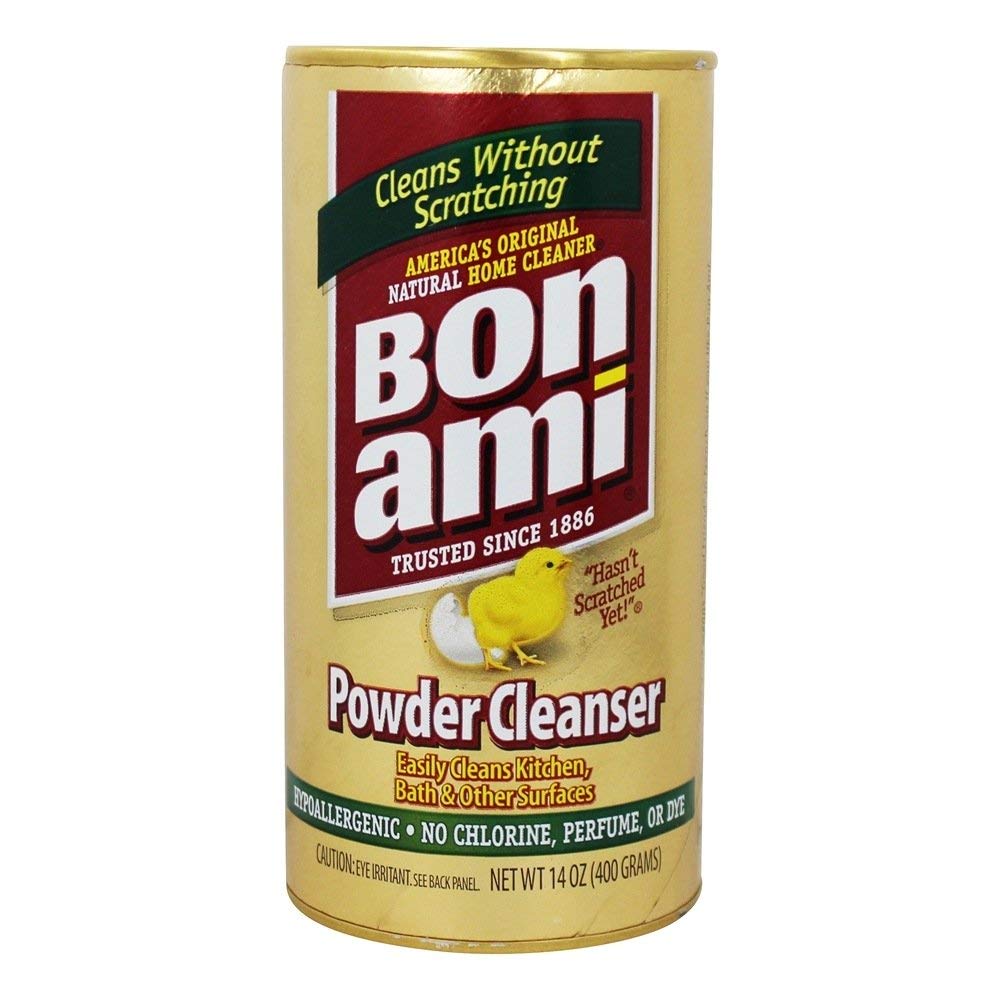 BON AMI polvo limpiador en empaque visible para cocina y baño, fácil de usar