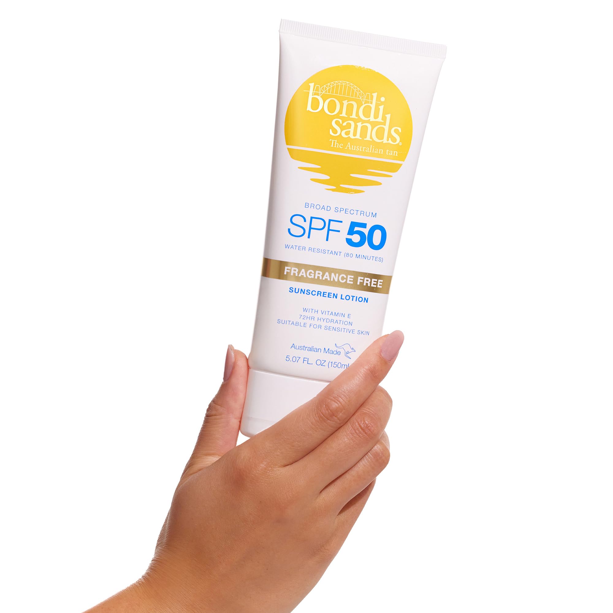 Bondi Sands SPF 50, absorción rápida y hidratación prolongada.