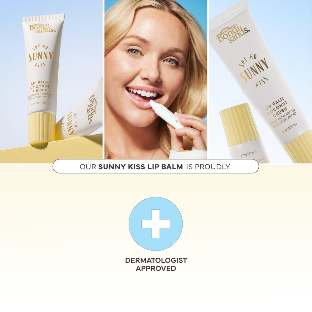 Bondi Sands Sunny Kiss SPF 60 Coconut Crush, brillo sedoso en labios.
