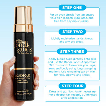Bondi Sands Liquid Gold, espuma con activos de bronceado doble para tono profundo.