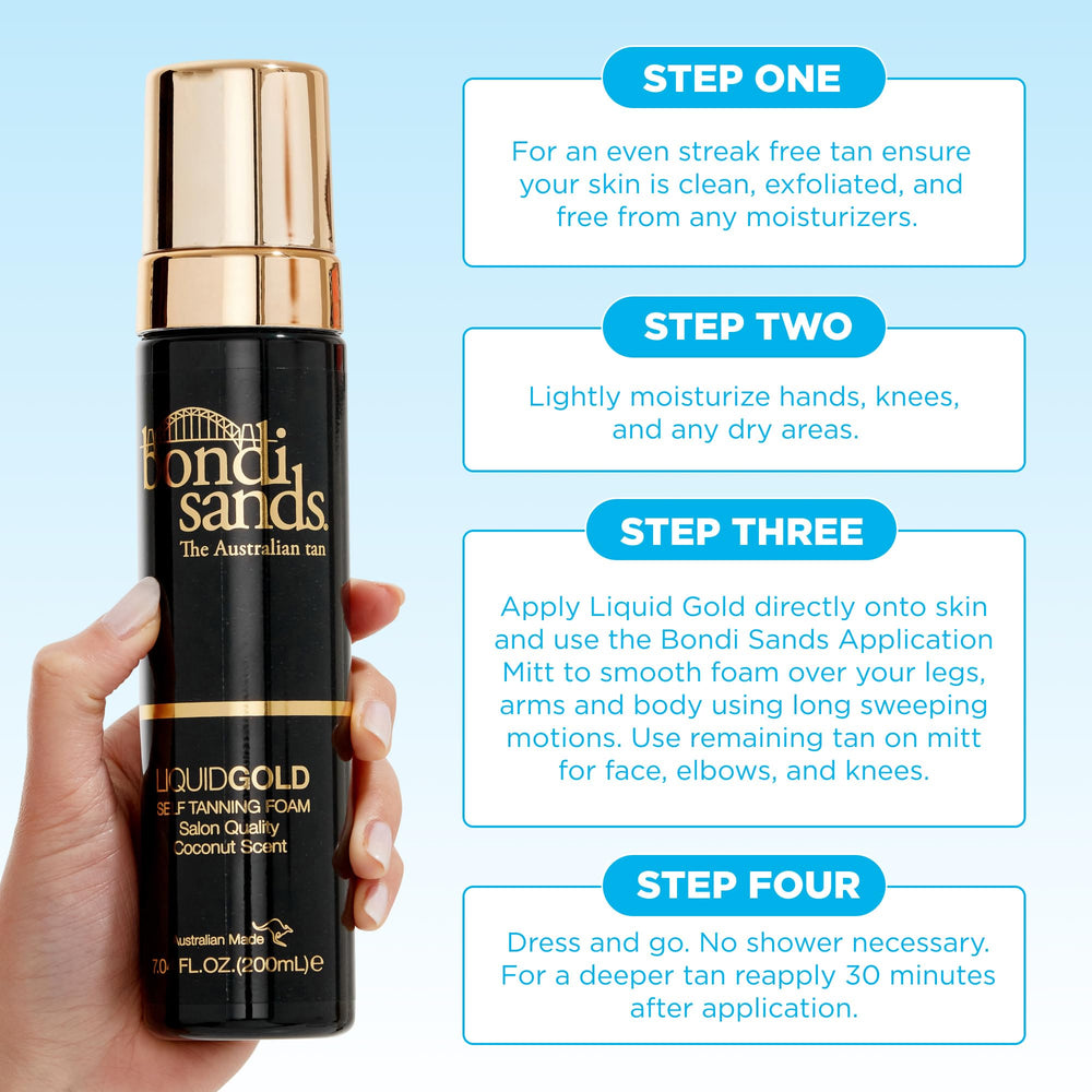 Bondi Sands Liquid Gold, espuma con activos de bronceado doble para tono profundo.