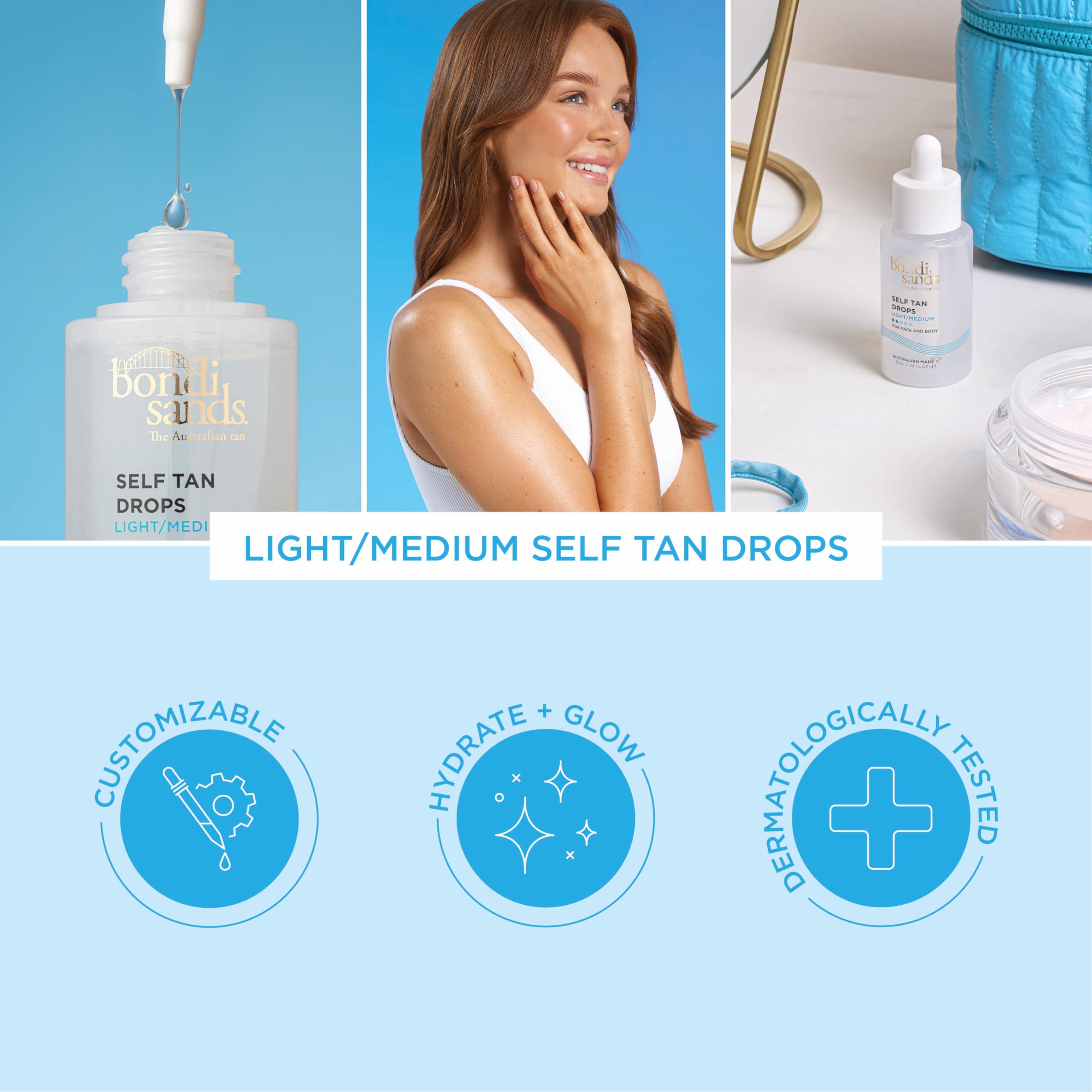 Bondi Sands Self Tan Drops, textura sedosa que se integra fácilmente a la piel.