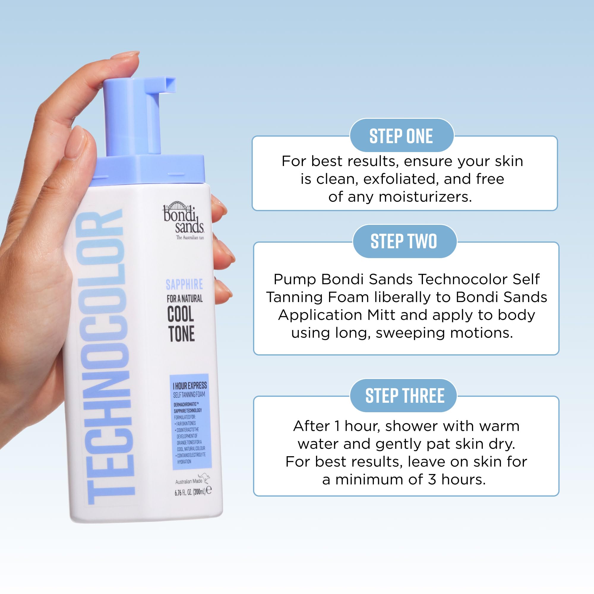 Envase de 200 ml de Bondi Sands Technocolor Sapphire para uso doméstico.