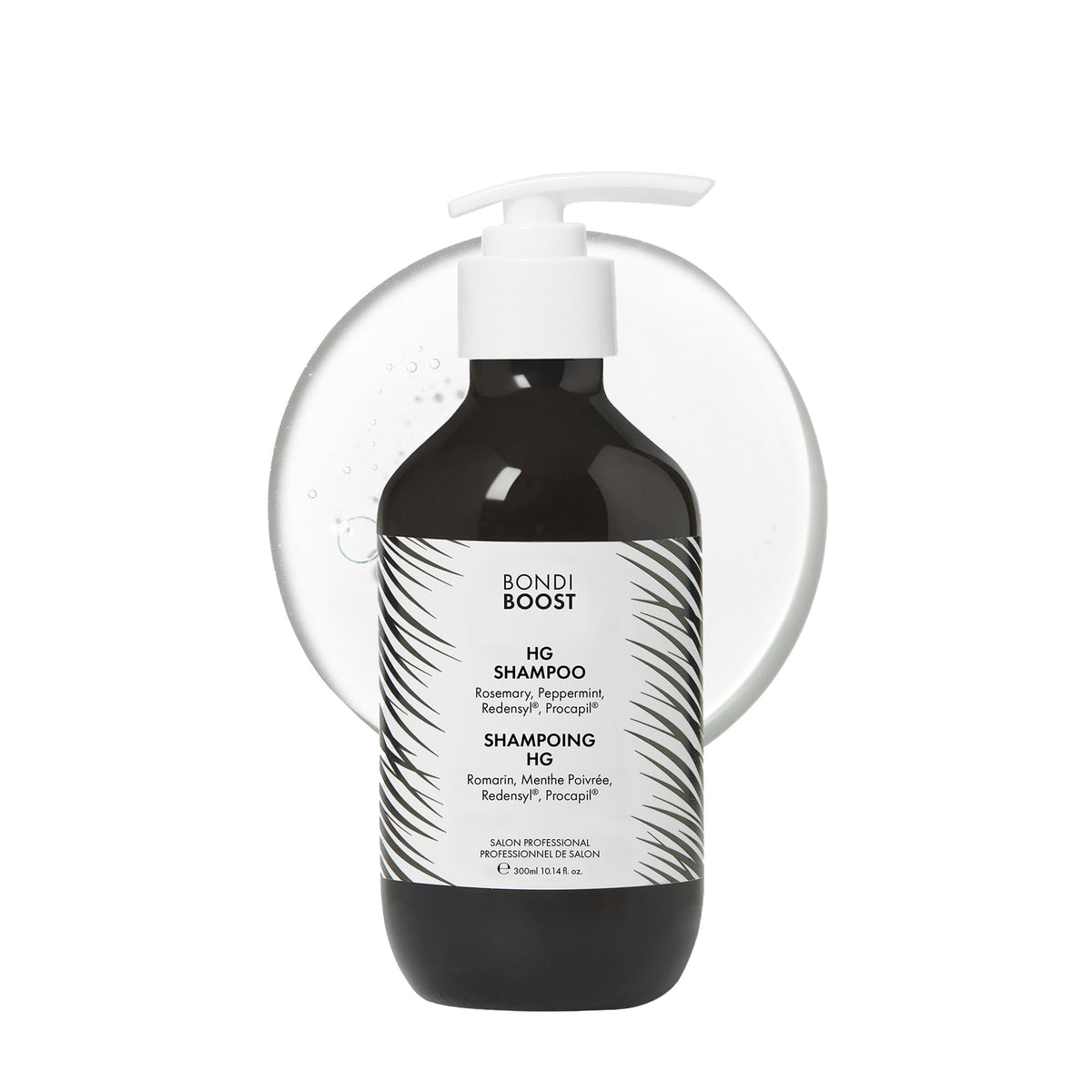BONDIBOOST HG champú, botella volcando, inicio lavado con aroma a menta