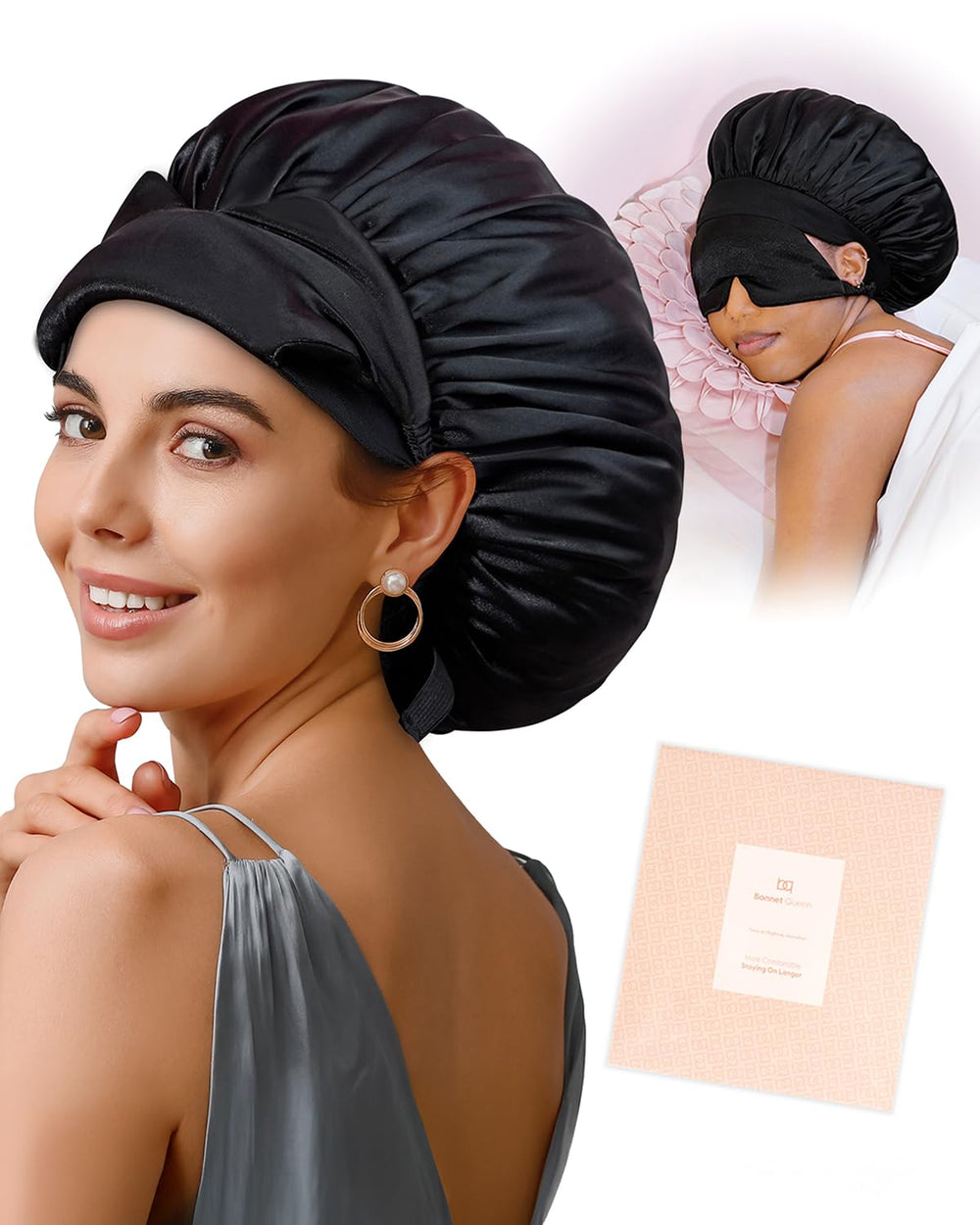 BONNET QUEEN bonete de seda para dormir con antifaz integrado, comodidad nocturna.