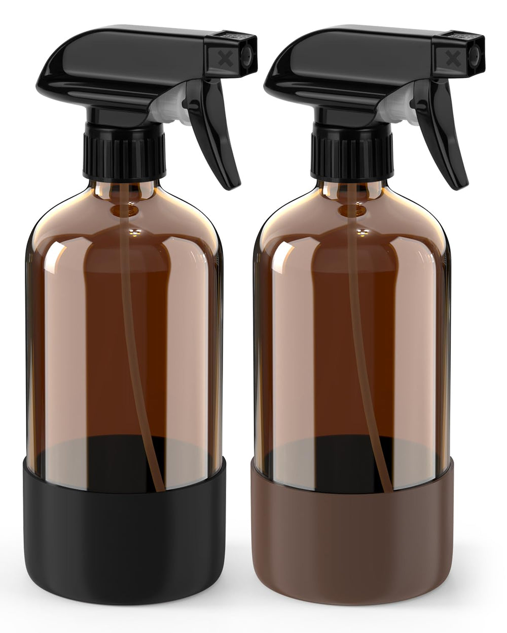 Botella Bontip de vidrio ámbar con funda de silicona para protección y agarre.