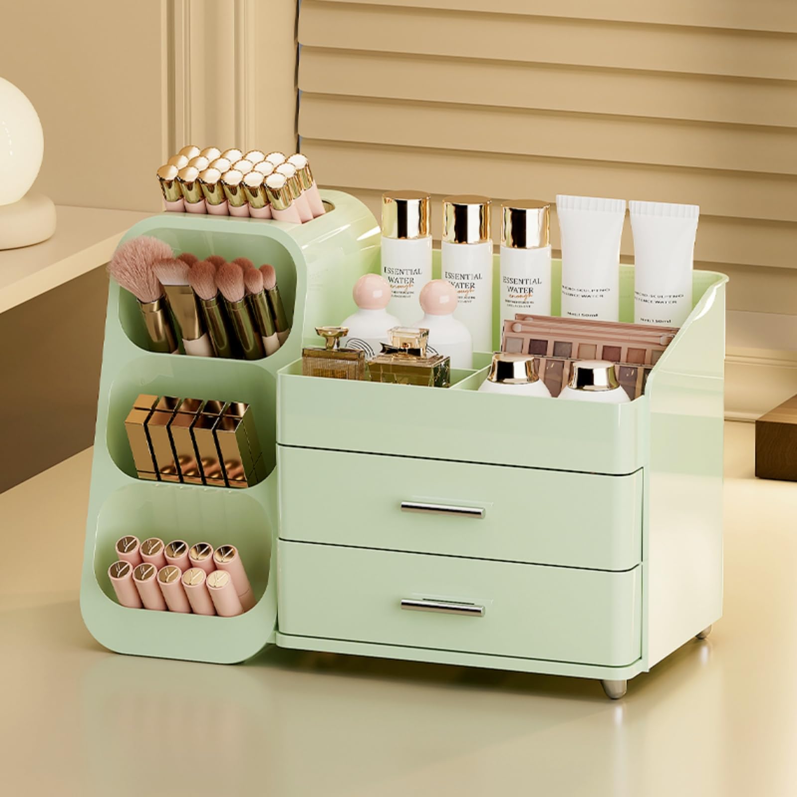 Booklov interior con compartimentos para brochas y labiales, almacenamiento compacto y práctico
