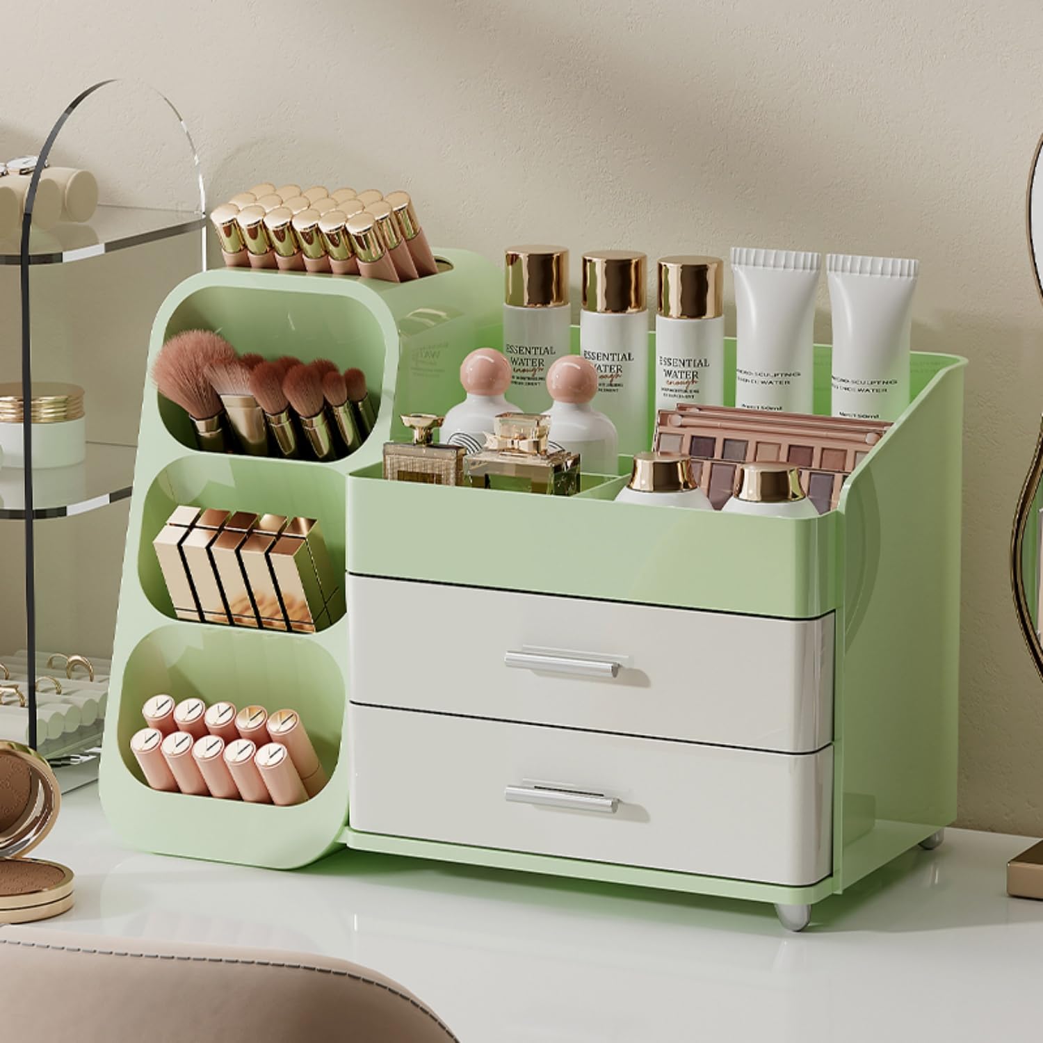 Booklov organizador de maquillaje con cajones frente ofrece acceso rápido
