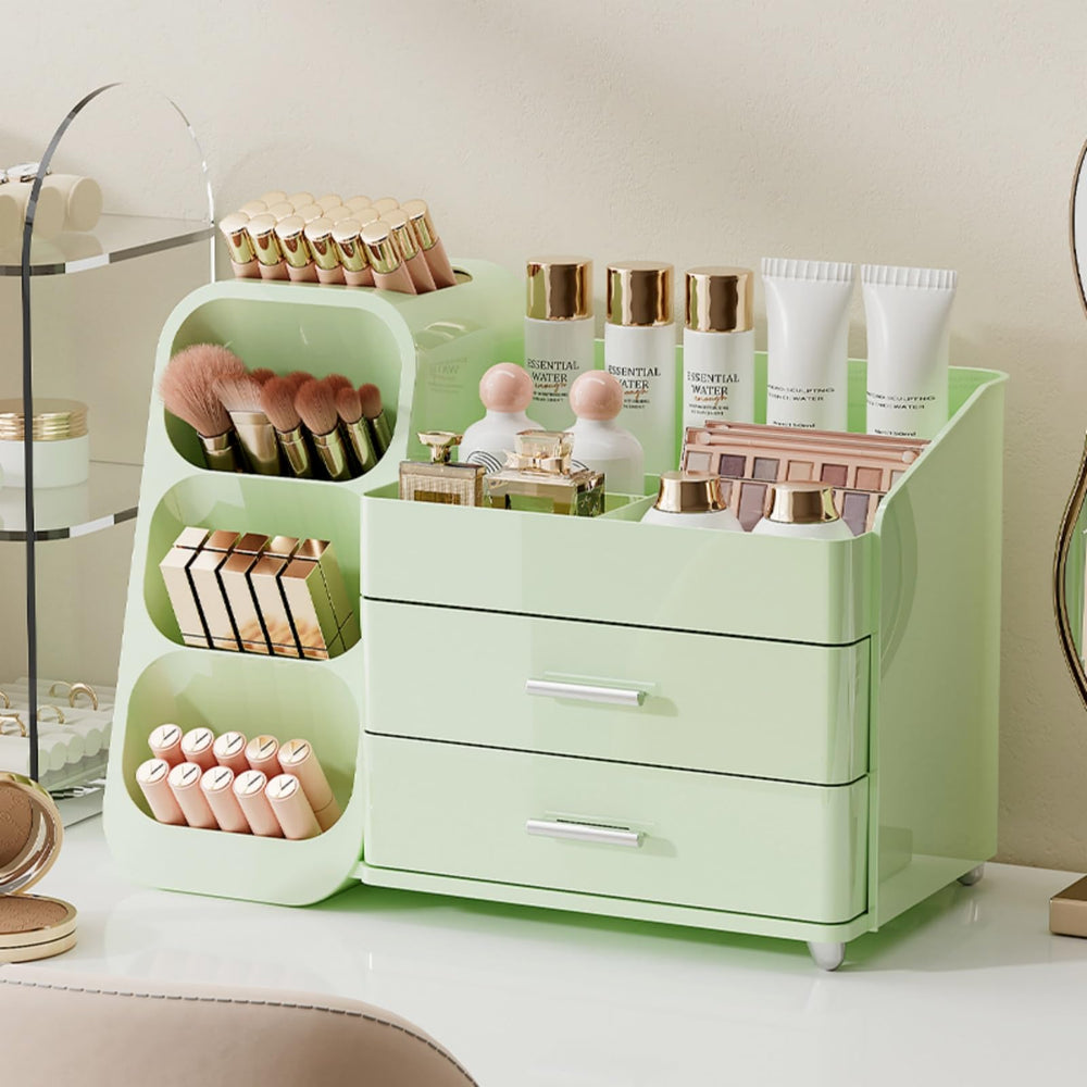 Booklov organizador maquillaje con cajones verde, facilita acceso rápido a labiales y brochas