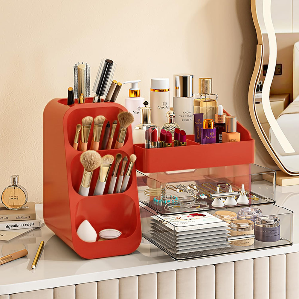 Booklov tiroirs rouges montrant le rangement spacieux pour cosmétiques