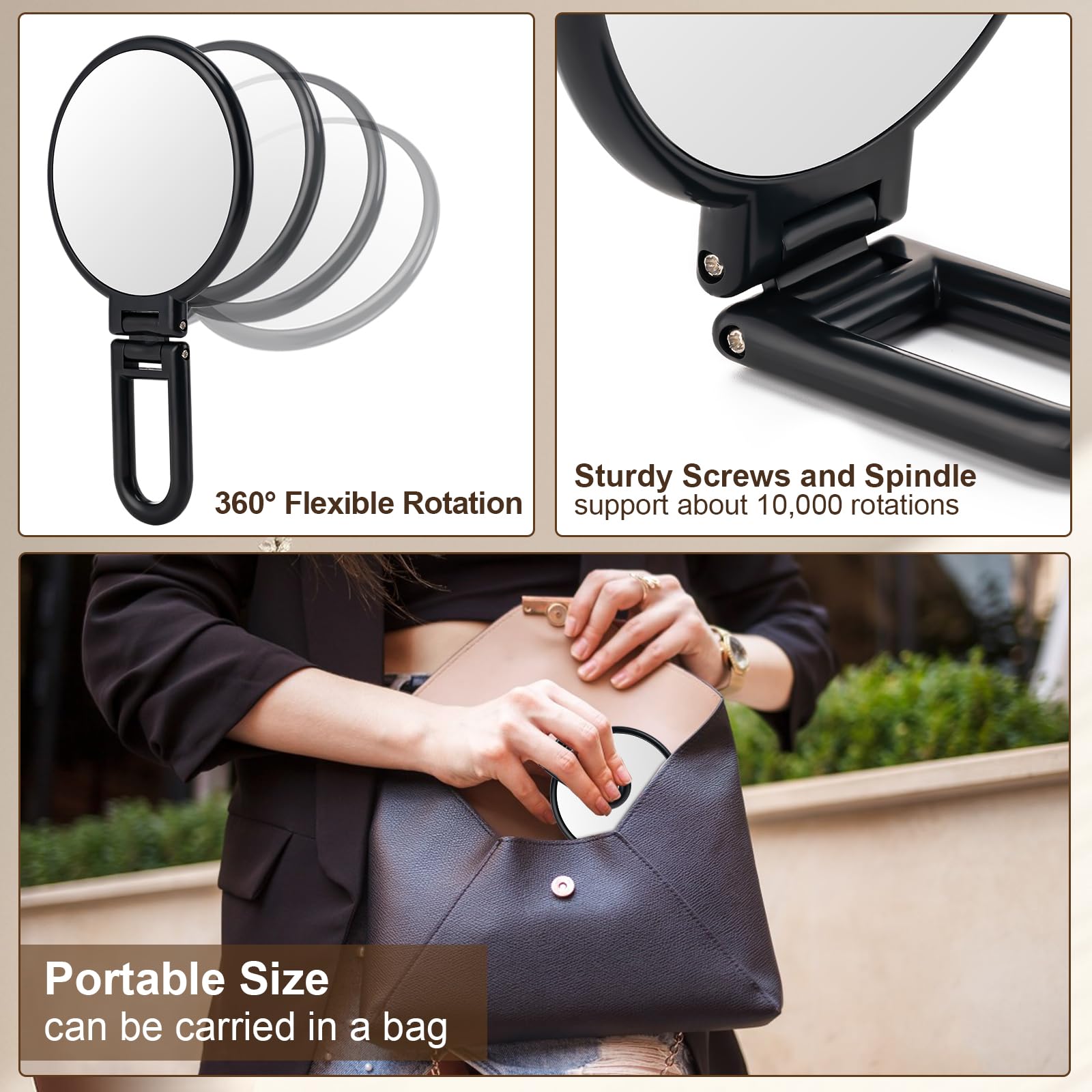 BOOMIBOO espejo plegable portátil, tamaño compacto para viajar.
