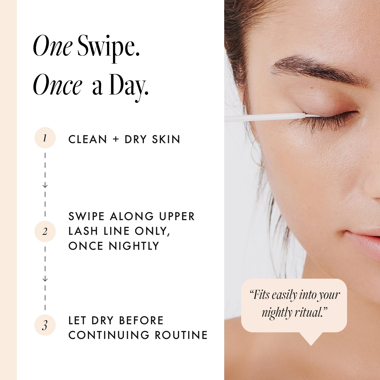 Borboleta Lash Serum, aplicación nocturna fácil para fortalecer pestañas naturales.