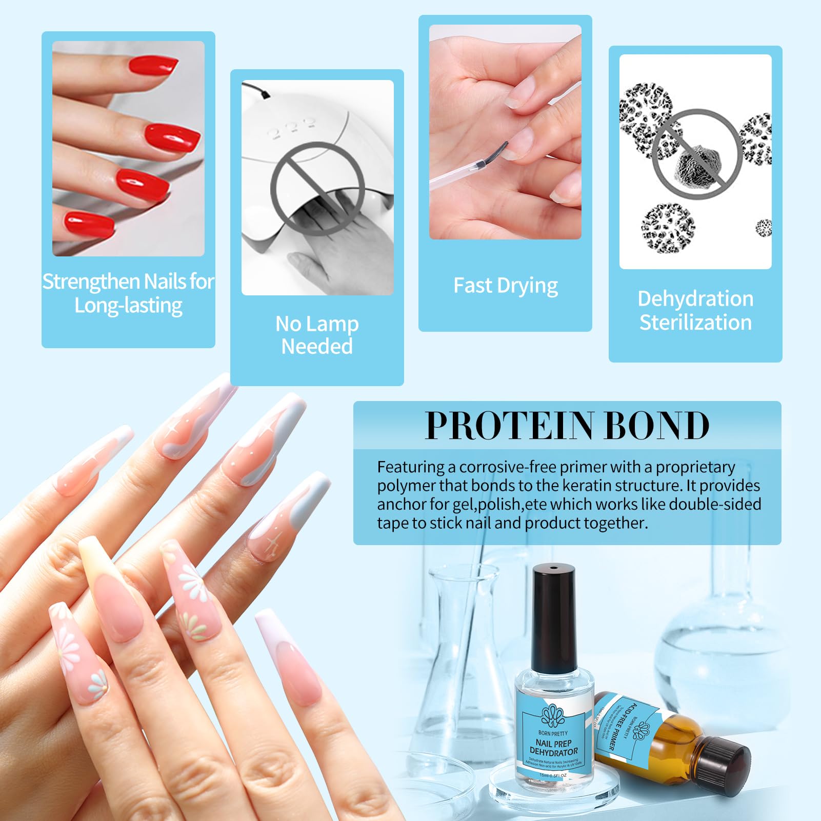 Born Pretty primer uñas sin ácido: base estable para gel.