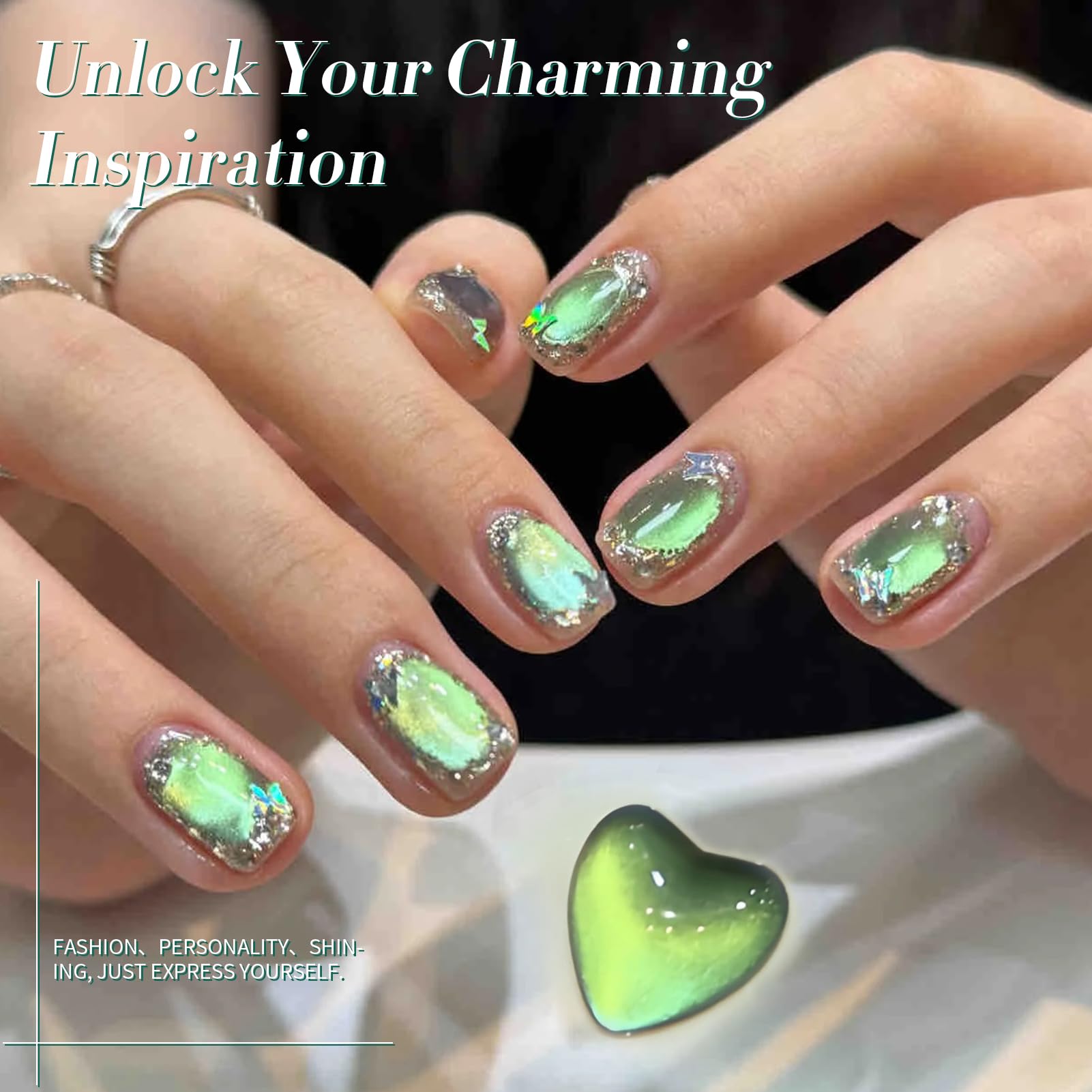 Born Pretty acabado de alto brillo en gel verde realza la manicura con destellos.