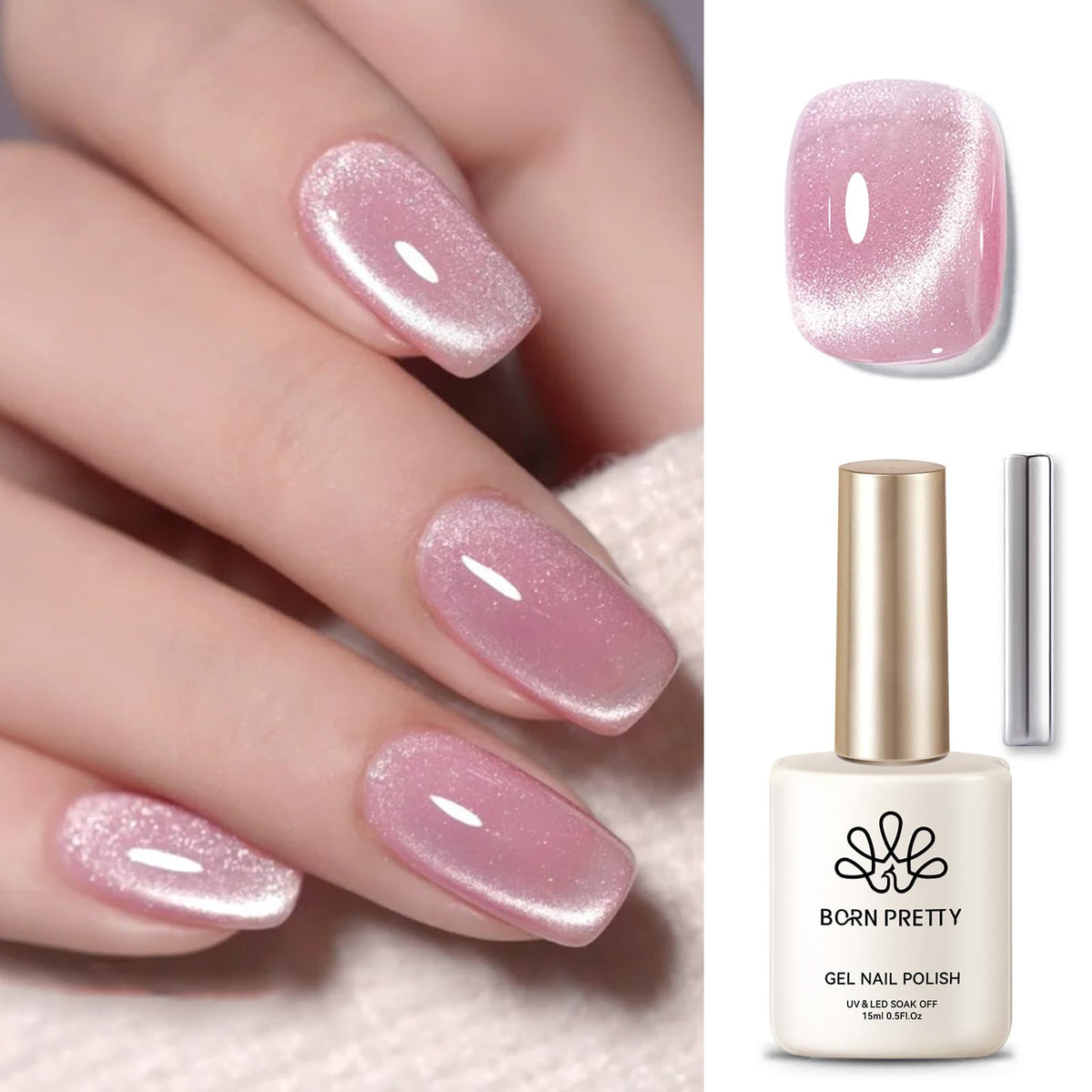 Born Pretty Cat Magnetic Gel Nail Polish frente-botella, acabado rosa jelly con brillo duradero